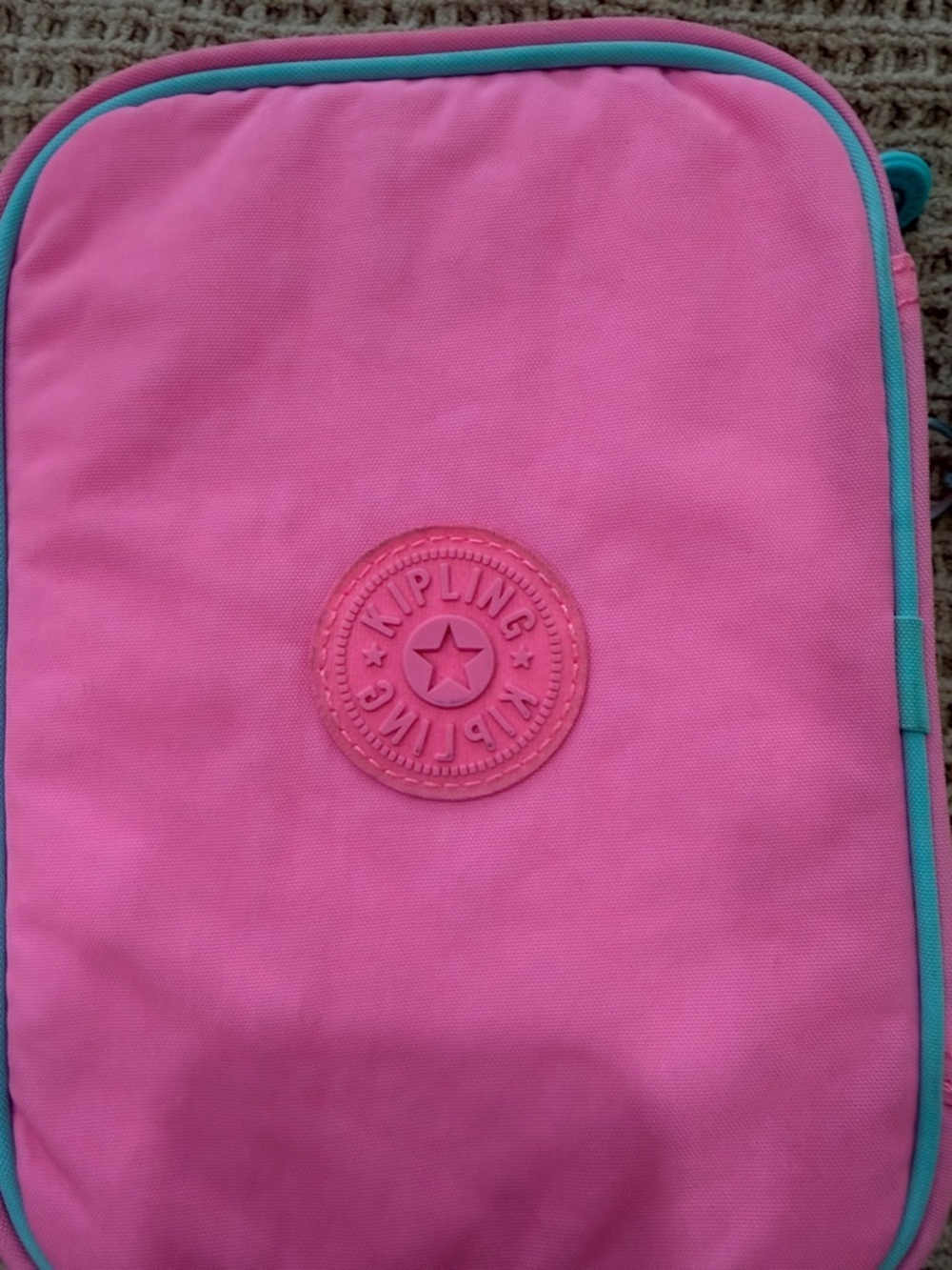 Kipling Pink Sketch Pencil Case with Aqua Trim and Pom-Pom Charm - Picture 2 of 6